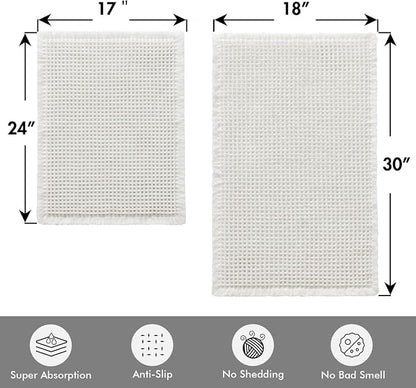 MIULEE Set of 2 Waffle Bathroom Rugs Boho Bath Mat White 17"x24"+18"x30" | Non Slip, Super Absorbent, Washable, Ultra Soft, Rubber Backed, Small Bath Rugs for Bathroom Floor Tub Shower