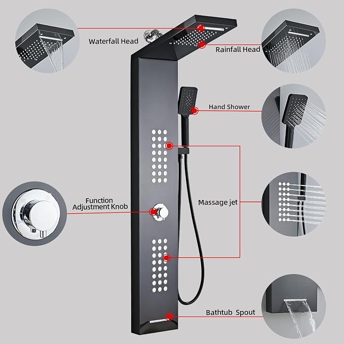 Lengthened Shower Panel Tower System Rain Shower Head | Rainfall Waterfall Shower,Handheld High Pressure Rain Massage System(Black)