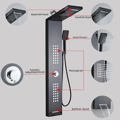 Lengthened Shower Panel Tower System Rain Shower Head | Rainfall Waterfall Shower,Handheld High Pressure Rain Massage System(Black)