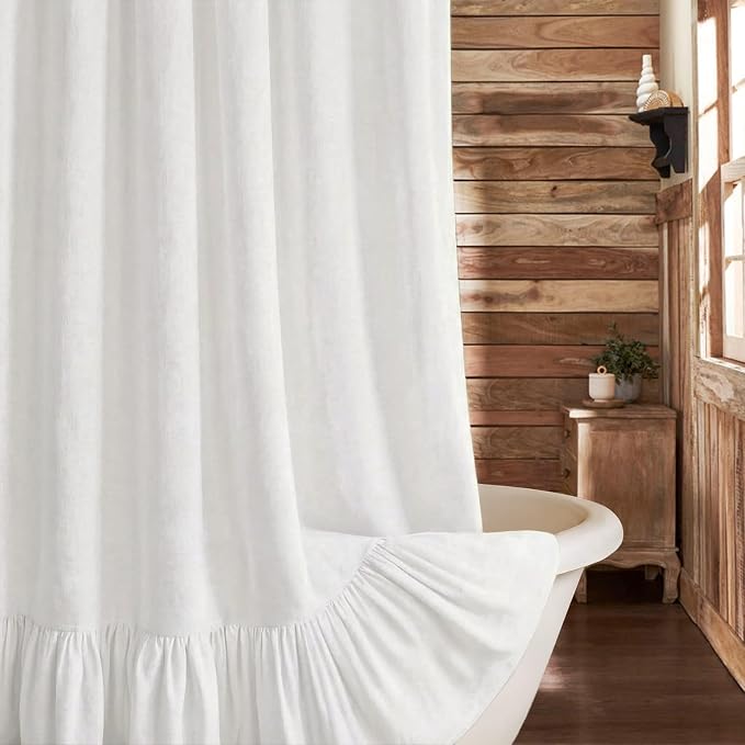 Farmhouse Shower Curtain Ruffle Linen White 72" W x 72" L | Farmhouse Boho, Bottom Ruffle, Cotton Fabric, Rustic, Country, Natural Look, Washable, Shower Curtain for Bathroom Bathtub