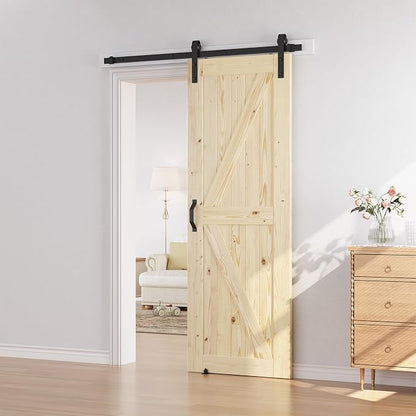 SmartStandard 32in x 80in Sliding Barn Wood Door Pre-Drilled Ready to Assemble, DIY Unfinished Solid Spruce Wood Panelled Slab, Interior Single Door Only, Natural, K-Frame (Fit 6FT Rail) | Pre-Drilled Ready to Assemble, DIY Unfinished Solid Spruce Wood...