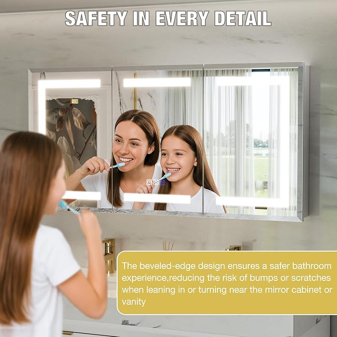48x24 Lighted Medicine Cabinet with Mirror Defogger - Dimmable Touch Sensor, Adjustable Color Temperature, Shatterproof Tempered Glass, Quick-Release Hinges, Adjustable Shelves,three door