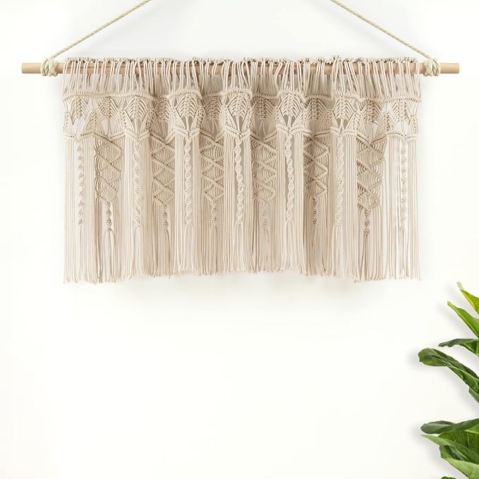 Lush Decor Boho Macrame Textured Cotton Valance, 50" W x 20" L, Neutral - Boho Kitchen Curtains & Wall Decor - Macrame Valance - Bathroom Window Curtains