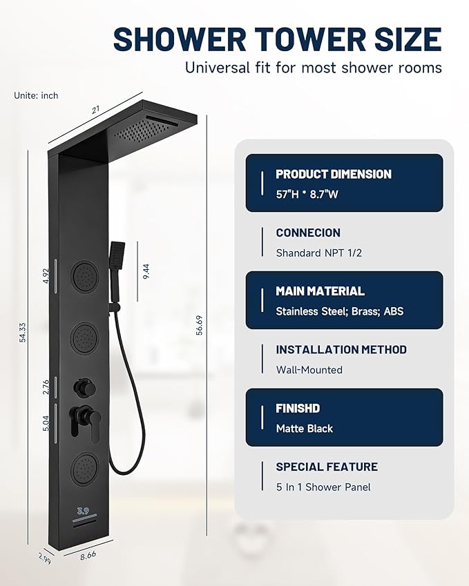 Homevacious Shower Panel Tower System Rainfall Waterfall Shower Head 3 Massage Body Jets Handheld Shower Head and Tub Spout Wall Mounted Multi-Function Bathroom Shower Panel Matte Black