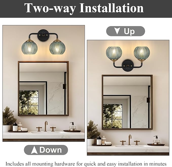 Mecgirn Bathroom Vanity Light Fixtures, 2-Light Green Glass Shade, Modern Black and Gold Wall Sconce, Unique Textured Leaf Pattern, Ceramic E26 Sockets Wall Mounted for Mirror, Cabinet, Hallway