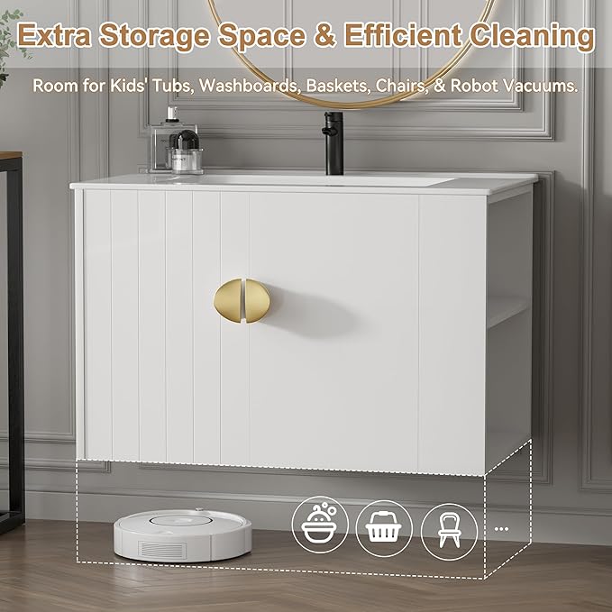 30 Inch Floating Vanity Bathroom with Sink, White Painted Bathroom Vanity Cabinet Combo with Ceramics Sink Top, Soft Close Cabinet Door & Open Storage Right Shelf, Modern Wall Mounted Vanity