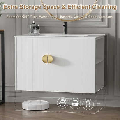30 Inch Floating Vanity Bathroom with Sink, White Painted Bathroom Vanity Cabinet Combo with Ceramics Sink Top, Soft Close Cabinet Door & Open Storage Right Shelf, Modern Wall Mounted Vanity