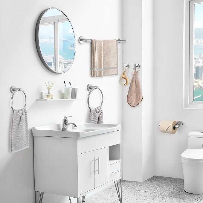 TQKAG Brushed Nickel Bathroom Hardware Set, 6-Piece Towel Bar Set 23.6 Inch | Towel Bar Set, Wall Mounted, Bathroom Accessories Set Include Paper Holders, Towel Rings, Towel Hooks, SUS304 Stainless Steel