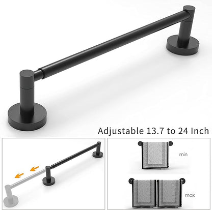 Ruacq Adjustable Towel Bar 13.7 to 24 Inch Bathroom Single Towel Bar Black Stainless Steel Modern Wall Mounted Round Towel Holders, Matte Black