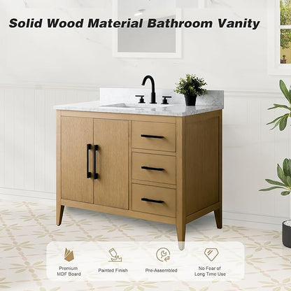 HomeBeyond 42 Inch Bathroom Vanity with Sink & Ceramic Top, Single Vanity Cabinet with Basin, Soft-Closing Doors & Matte Black Hardware, Natural Oak
