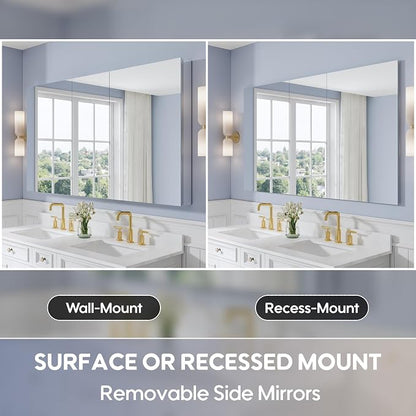 WELLFOR 64" x 36" Bathroom Medicine Cabinet with Mirror, Anodized Chrome Aluminum Frame, Surface Mount or Recessed Medicine Cabinet with Mirror, Bathroom Mirror with Storage, Three Doors