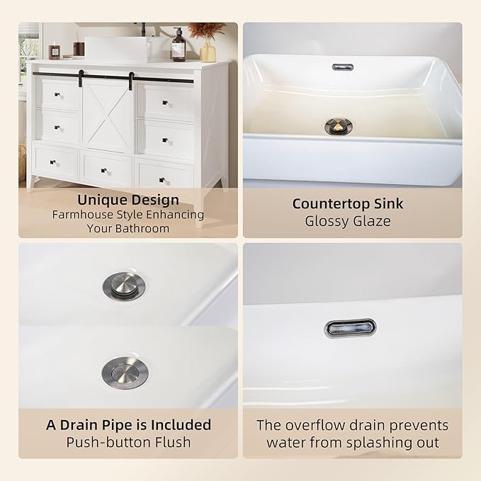 VNN Bathroom Vanity with Sink - 48 Inch Bathroom Vanity with Sink Ceramic, Freestanding Cabinet with Farmhouse Sliding Barn Door and 7 Drawers, Space-Saving Storage Cabinet, Wood Grain Texture, White