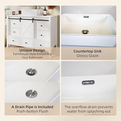 VNN Bathroom Vanity with Sink - 48 Inch Bathroom Vanity with Sink Ceramic, Freestanding Cabinet with Farmhouse Sliding Barn Door and 7 Drawers, Space-Saving Storage Cabinet, Wood Grain Texture, White