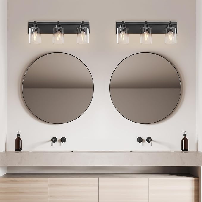 Bathroom Vanity Light,3 Light Matte Black Vanity Light with Thickened Clear Glass Shade, 21 inch Dimmable Modern Wall Sconce, Bathrooms Light Fixture Over Mirror for Bathroom