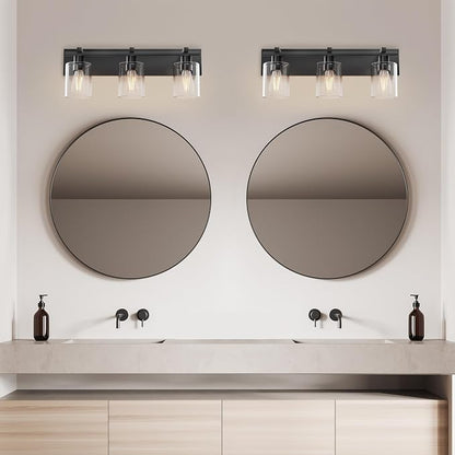 Bathroom Vanity Light,3 Light Matte Black Vanity Light with Thickened Clear Glass Shade, 21 inch Dimmable Modern Wall Sconce, Bathrooms Light Fixture Over Mirror for Bathroom