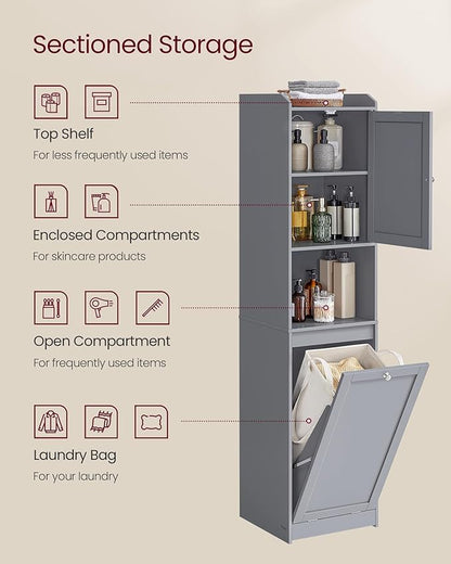 VASAGLE Tall Storage Cabinet, Storage Unit with Removable Laundry Basket, Compartment and Cabinet, for Bathroom, Living Room, 15.8 x 15.8 x 66.9 Inches, Dove Gray UBBC761G02