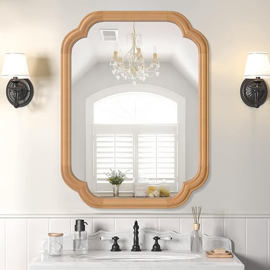 Natural Wood Framed Mirror,18X24 Inch Bathroom Mirror for Over Sink Modern Rounded Corner Rectangle Wall Mounted Mirror (Horizontal/Vertical)