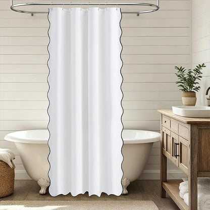 BTTN 48x72 Boho Scalloped Linen Textured Cloth Shower Curtain Set, White | Stall Size, 230GSM Waterproof Polyester, Heavy Duty Fabric, 8 Plastic Hooks, Elegant Modern Farmhouse Style, Machine Washable