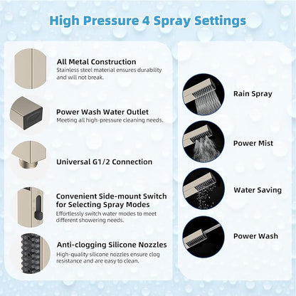 Hibbent All Metal CUPC Certified 10'' Rainfall Shower Head, Dual Shower Head Combo, High Pressure Handheld 4 Sprays Shower Wand, 16'' Adjustable Extension Arm, 71'' Hose, Shower Holder, Brushed Nickel