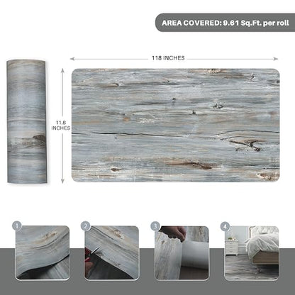 Wood Grain Peel and Stick Floor Tiles, 11.8" W × 118" L, Tide‑Washed | Soft wood‑look finish, Easy to cut, Non‑slip texture, Good for renters and DIY users, Helps protect floors, Easy to replace
