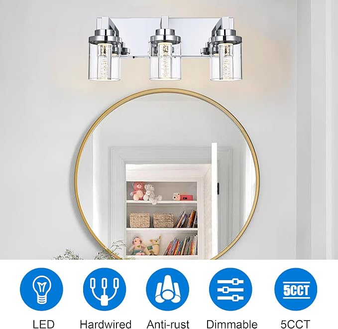 MELUCEE Modern LED Bathroom Vanity Light Bar Chrome, 5CCT Adjustable | Bubble Crystal Vanity Lights Over Mirror 3 Light Bath Wall Light Fixture with Clear Glass Shade, Built-In LED Chips