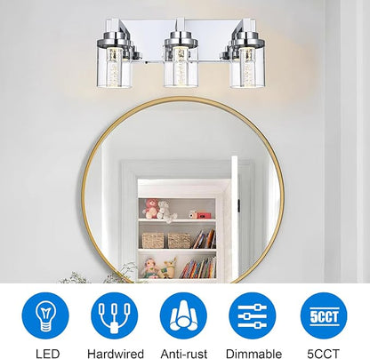 MELUCEE Modern LED Bathroom Vanity Light Bar Chrome, 5CCT Adjustable | Bubble Crystal Vanity Lights Over Mirror 3 Light Bath Wall Light Fixture with Clear Glass Shade, Built-In LED Chips