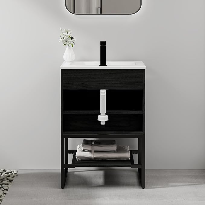 LUCKWIND 24" Modern Bathroom Vanity with Single White Sink Combo, Freestanding Storage Cabinet with Metal Frame, Matte Black Faucet and Open Shelf and 2 Soft-Closing Door, Black