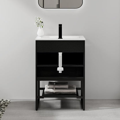 LUCKWIND 24" Modern Bathroom Vanity with Single White Sink Combo, Freestanding Storage Cabinet with Metal Frame, Matte Black Faucet and Open Shelf and 2 Soft-Closing Door, Black