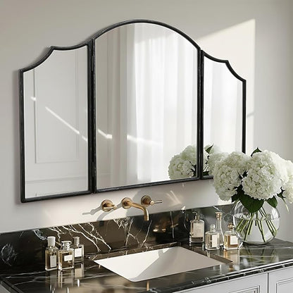 Besdomus Black Scalloped Vanity Mirror: 36"x24" Three Sided Dresser Miror | Classical Minimalist Wooden Arched 3 Way Trifold Mirror for Bedroom/Cloakroom/Dressing Room/Wall - Home Decor for Housewife