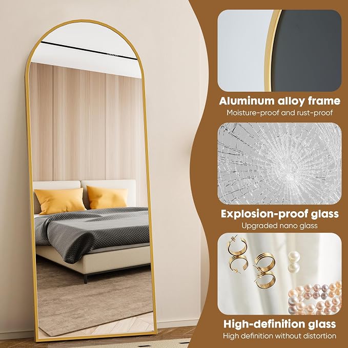NEWBULIG Arched Full Length Floor Mirror 56"x15", Body Standing Mirror | Wall Hanging or Leaning, Shatter-Proof Glass, Aluminum Alloy Frame with Stand, Home Decor Bedroom, Gold