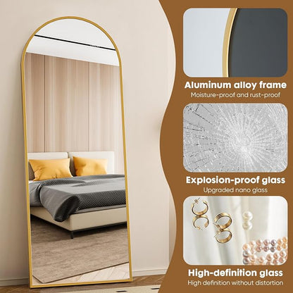 NEWBULIG Arched Full Length Floor Mirror 56"x15", Body Standing Mirror | Wall Hanging or Leaning, Shatter-Proof Glass, Aluminum Alloy Frame with Stand, Home Decor Bedroom, Gold