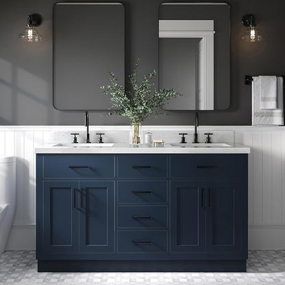 ARIEL Hepburn 60-inch Bathroom Vanity with Sink,Solid Wood, 1.5-inch Carrara White Quartz Countertop, Double Rectangular Porcelain Sink, 4 Soft Closing Doors, 6 Dovetail Drawers, Midnight Blue