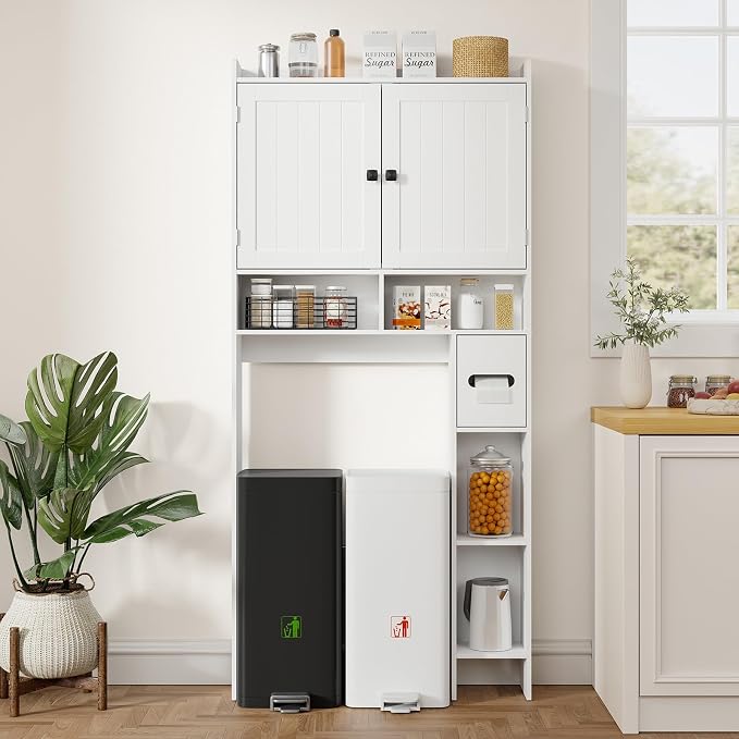 RRX Over The Toilet Storage Cabinet, Bathroom Above Organizer (Milky White) | Free Standing Toilet Rack with Adjustable Shelf and Open Storage, Double Doors, Space Saver, 30.7" L x 7.87 "W x 65.7 "H