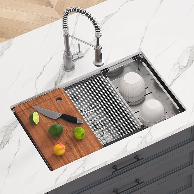 VEVOR 30 inch Kitchen Single Sink, 304 Stainless Steel Undermount Sink Drop-In Single Bowl Farmhouse Basin with Ledge & Multiple Accessories, Household Dishwasher Sinks for Prep Kitchen, Bar 30"*19"