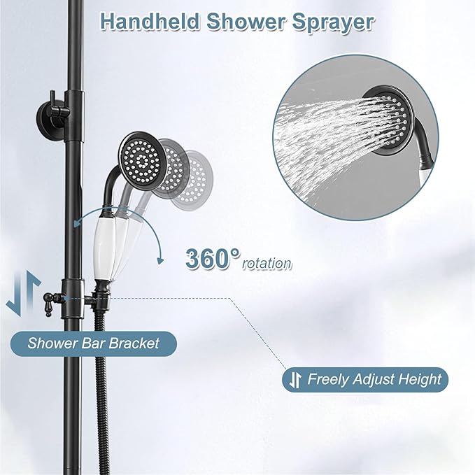 BWE Exposed Bathroom Shower Faucet Set Black Bathroom Shower Faucet Triple Functions 8 Inch Rainfall Shower Head Handheld Spray with Tub Spout Exposed Shower System Double Handle