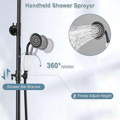 BWE Exposed Bathroom Shower Faucet Set Black Bathroom Shower Faucet Triple Functions 8 Inch Rainfall Shower Head Handheld Spray with Tub Spout Exposed Shower System Double Handle