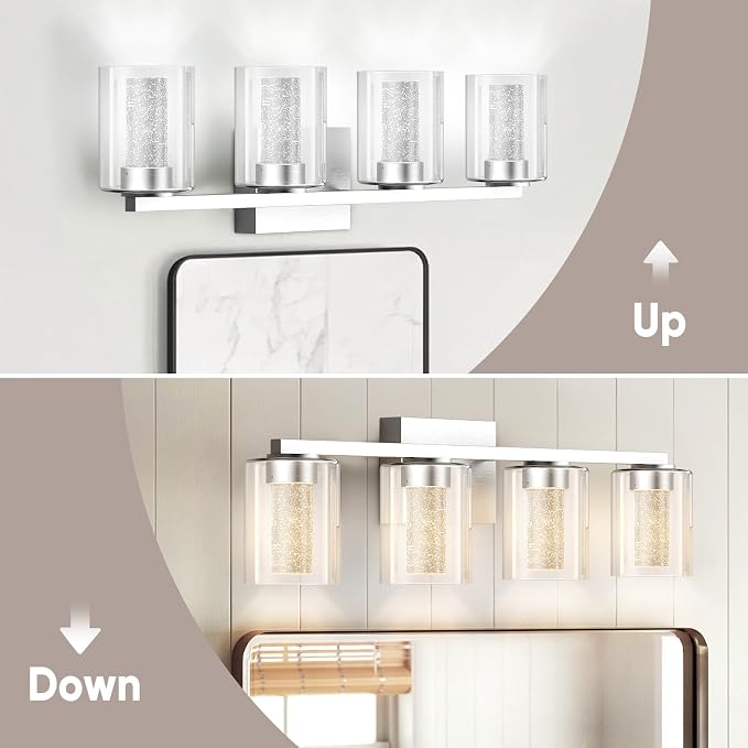LED Modern Bathroom Light Fixtures Over Mirror, 4-Light Brushed Nickel Vanity Lights with 5 Color Modes, Dimmable Bathroom Vanity Light with Crystal Bubble Glass, 2700K-6500K Adjustable, ETL
