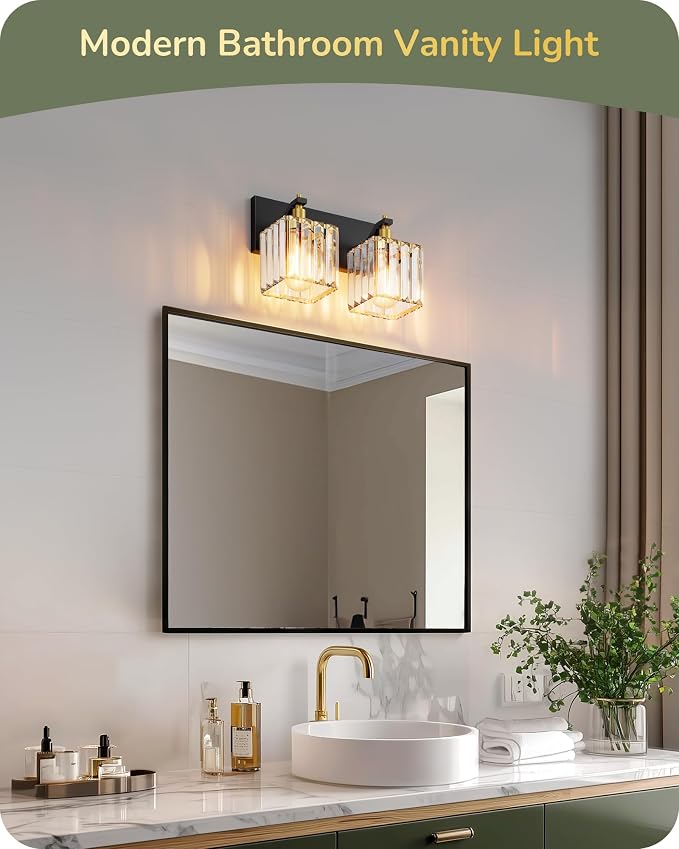 EDISHINE 2-Light Black Gold Bathroom Vanity Light, Crystal Wall Sconce, E26 | Up/Down Reversible, Modern Style, Black Gold Frame, Ideal for Bath, Powder Room