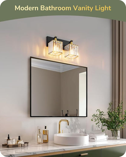 EDISHINE 2-Light Black Gold Bathroom Vanity Light, Crystal Wall Sconce, E26 | Up/Down Reversible, Modern Style, Black Gold Frame, Ideal for Bath, Powder Room