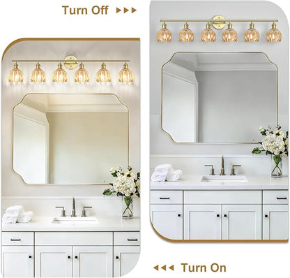 Vintage Bathroom Light Fixtures,6-Light Hardwired Vanity Lights with Amber Tulip Glass Shade,Gold Bathroom Vanity Light for Mirror Restroom,E26 Socket,40.55 in(Bulbs Not Included)