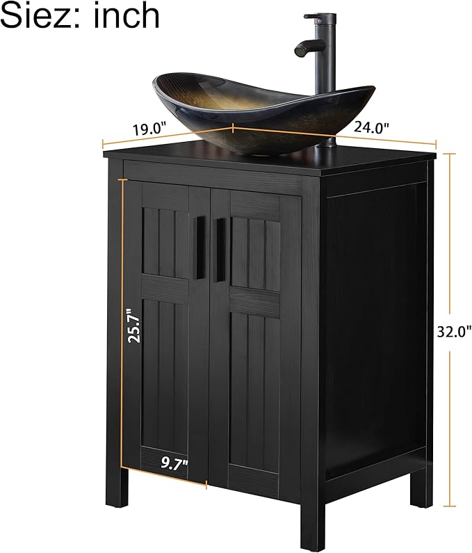 UEV Black 24" Bathroom Vanity with Sink Combo,Modern Freestanding Sink Cabinet,Stylish Bathroom Vanity Cabinet,Grooved Double Doors,Metal Handles,Champagne Boat Tempered Glass Vessel Sink(029CH)