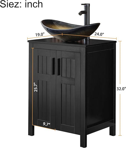 UEV Black 24" Bathroom Vanity with Sink Combo,Modern Freestanding Sink Cabinet,Stylish Bathroom Vanity Cabinet,Grooved Double Doors,Metal Handles,Champagne Boat Tempered Glass Vessel Sink(029CH)