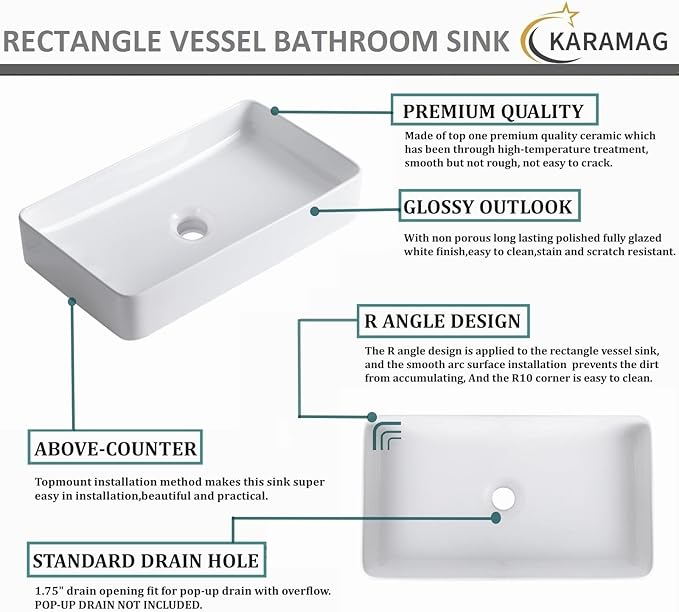 White Vessel Sink,Rectangle 24"x14" Bathroom Sink Above Counter Porcelain Ceramic Small Sink Bowl Ceramic Vessel Sinks for Bathrooms