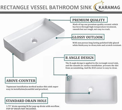 White Vessel Sink,Rectangle 24"x14" Bathroom Sink Above Counter Porcelain Ceramic Small Sink Bowl Ceramic Vessel Sinks for Bathrooms