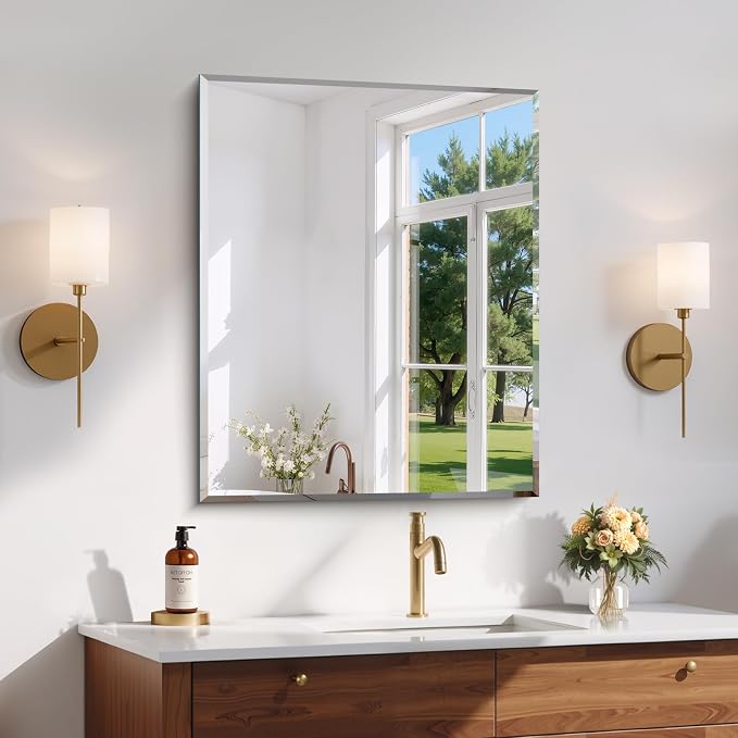 CILIBER Beveled Mirror, 24x30 Frameless Beveled Bathroom Mirrors for Wall, 3mm Tempered Glass Rectangle Vanity Mirror with Beveled Edge, Crystal-Clear, Hangs Horizontally or Vertically