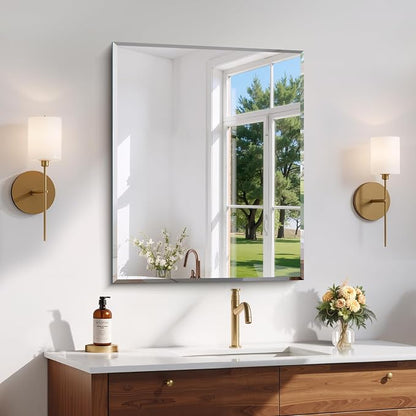 CILIBER Beveled Mirror, 24x30 Frameless Beveled Bathroom Mirrors for Wall, 3mm Tempered Glass Rectangle Vanity Mirror with Beveled Edge, Crystal-Clear, Hangs Horizontally or Vertically