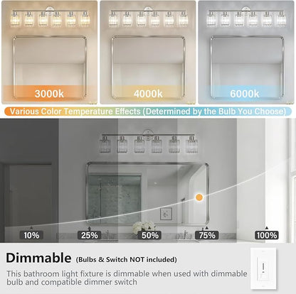 6 Light Bathroom Light Fixtures, Modern Crystal Vanity Lights over Mirror | Metal Frame, Bathroom Light with Square Crystal Shade, ETL Certified, E26 Ceramic Socket, Bulbs Not Included