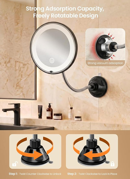 10x Makeup Mirror with Lights, Flexible Magnifying Mirror 3 Light Modes | Wall-Mounted Lighted Vanity Makeup Mirror, Cordless Battery Operated LED Mirror with Suction Cups for Shower Bathroom
