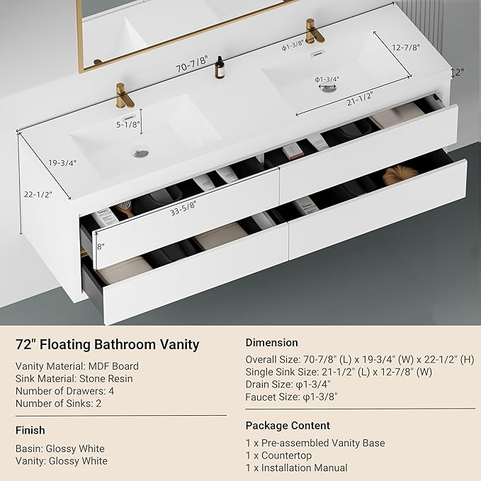 Abruzzo 72" Glossy White Wall-Mounted Bathroom Vanity with Double Sink – Stone Resin Countertop & Soft-Close Drawers, Waterproof Wood Cabinet for Bathrooms