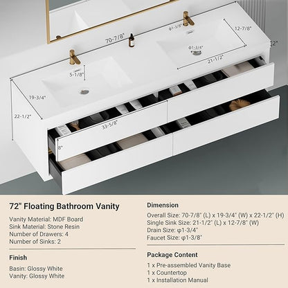 Abruzzo 72" Glossy White Wall-Mounted Bathroom Vanity with Double Sink – Stone Resin Countertop & Soft-Close Drawers, Waterproof Wood Cabinet for Bathrooms